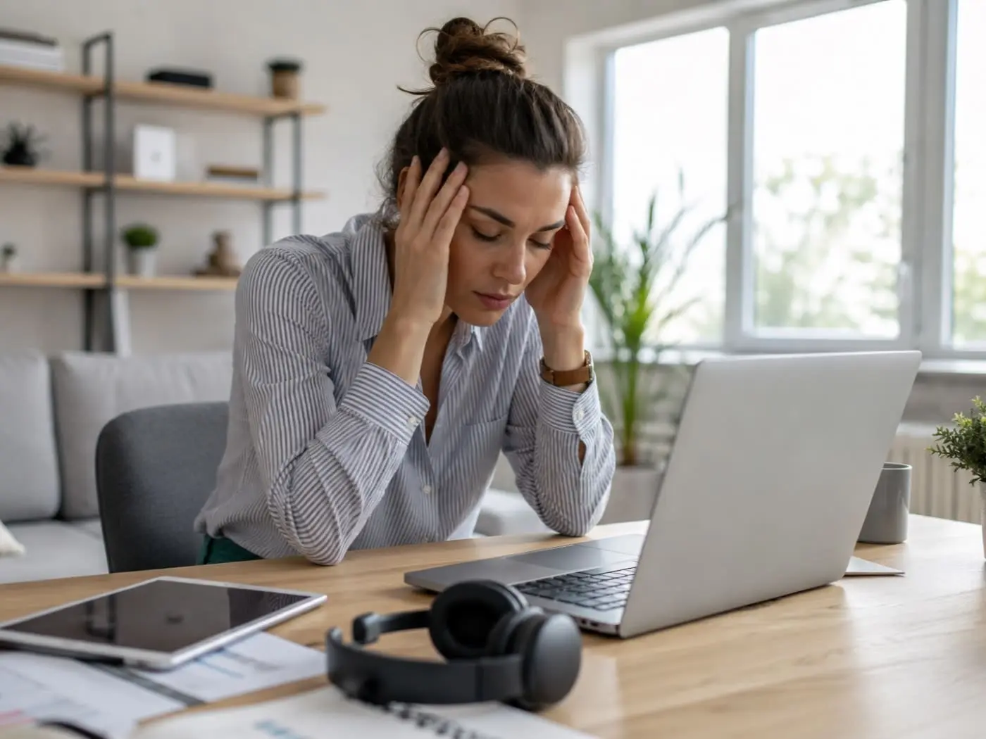 A woman with her head in her hands at a laptop, working from home